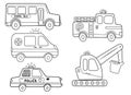 Funny coloring kids transport set. School bus, ambulance, excavator, fire engine, police car cartoon black and white vector Royalty Free Stock Photo