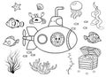 Funny coloring kids underwater set. Submarine cartoon black and white vector illustration isolated on white background