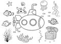 Funny coloring kids underwater set. Submarine cartoon black and white vector illustration isolated on white background