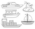 Funny coloring kids water transport set. Boat, yacht, sailboat, motorboat, container ship and desert island cartoon black and