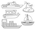 Funny coloring kids water transport set with little animals. Boat, yacht, sailboat, motorboat, container ship and lighthouse