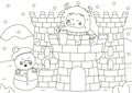 Funny coloring page with cute Yeti character blowing a kiss from snow castle and snowman singing romantic song