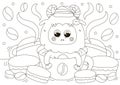 Funny coloring page with cute Yeti character in cup of coffee with macaroons around