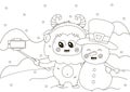 Funny coloring page with cute Yeti character with selfie stick making photo with snowman