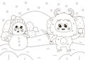 Funny coloring page with cute Yeti character and snowman playing snowballs fight