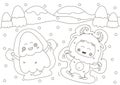 Funny coloring page with cute Yeti and christmas tree characters making snow angels