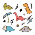 Funny coloured characters set. Cute hand drawn dinosaurs and tropical plants. Dino collection for kids Royalty Free Stock Photo