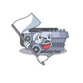 Funny combustion engine cartoon character style holding a standing flag