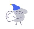 Funny comic character in night cap, holding pillow for sleep, dream. Cute abstract blob shape, drowsy sleeper at bedtime