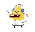 Funny comic character on skateboard. Cute fun fiction sport monster on skate board. Cool skateboarder in headphones Royalty Free Stock Photo