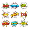 Funny comic words in speech bubble frames. Wow oh bang and zap thinking clouds. Balloons of expression. Retro cartoon