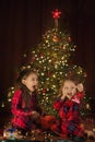 Funny comical sisters with surprised faces take Christmas tree decorations out of the box Royalty Free Stock Photo