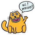 Funny communicable cat says hello. Speech Cloud. Vector Illustration.