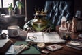 Funny company boss- frog with a king\'s crown on his head behind luxury workdesk. Generative AI