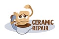 Funny concept sad broken cup phoning and asking for help. Fix broken ceramic logo. Restoration ceramics, dishes, vases.