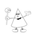 A funny cone holds in his hand a candy on a stick and smiles. Funny coloring in the style of comics