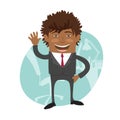 Funny Confident black business man wearing suit wave and smile. Royalty Free Stock Photo