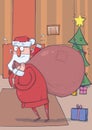 Funny confused Santa Claus with big bag of gifts in decoreted room with Christmas tree and fireplace. Santa looks lost