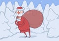 Funny confused Santa Claus with big bag of gifts in snowy spruce forest. Santa looks lost, embarrassed and bewildered