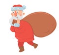 Funny confused Santa Claus with big bag of gifts stares in awe on white background. Santa looks bewildered, embarrassed