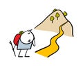 Funny confused traveler with a backpack stands at the beginning of road and looks at a high mountain. Vector