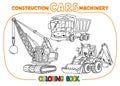 Funny constuction cars set. Coloring book