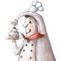 Funny cook with holiday cake put cherry on the top, hand drawn illustration, funny clipart