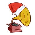 Funny, cool, and cute gramophone wearing Santa`s hat in doodle style