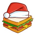 Funny, cool, and cute sandwich wearing Santa`s hat in doodle style
