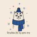 Funny cool postcard. Sad winter cat character in knitted scarf and hat. Vector illustration. hand drawing doodle. New