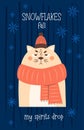 Funny cool postcard. Sad winter cat character in knitted scarf and hat. Vector vertical illustration. New Year and