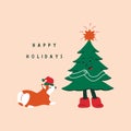 Funny corgi and Christmas tree. Abstract cartoon corgie dog sitting near the green tree, Christmas New Year vector card