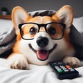 Funny corgi dog in glasses laying in bed, yawning, smiling, watching tv, feeling bored and relaxed in a day off