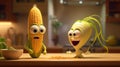 Funny Corn Friends Talking In A Playful Pixar Style