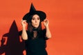 Halloween Woman in Witch Costume Outdoors Portrait