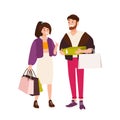 Funny couple carrying shopping bags and boxes. cute boyfriend and girlfriend holding their purchases. Pair of