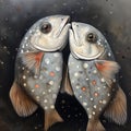 Funny couple fishes on a dark background. Whimsical digital painting for printing. Generative AI