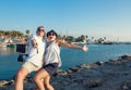 Funny couple take a selfie in the sea bay Royalty Free Stock Photo