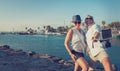 Funny couple take vacation selfie on the sea bay Royalty Free Stock Photo