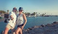 Funny couple take vacation selfie on the sea bay Royalty Free Stock Photo