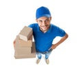 Funny courier with boxes looking at camera isolated on white background Royalty Free Stock Photo