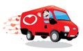 Funny courier delivering a truck of love. Saint Valentine and love concept