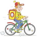 Funny courier riding a bike with a large backpack