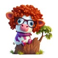 Funny Cow afro hair standing on a tree with glasses