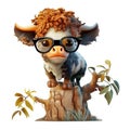 Funny Cow afro hair standing on a tree with glasses