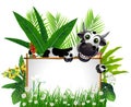 Funny cow with blank sign and tropical fores Royalty Free Stock Photo