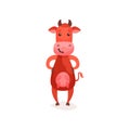 Funny cow, brown milk cow standing on two legs cartoon vector Illustration