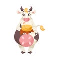 Funny Cow Character with Udder and Spotted Body Hold Cheese Vector Illustration