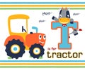 Vector of funny tractor cartoon with cow on T letter