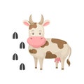 Funny cow and her footprints tracks. Big farm animal with horns. Domestic creature. Flat vector element for children